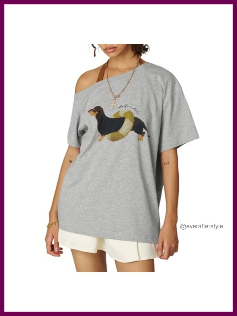 Off the Shoulder Dachshund Graphic Tee - Oversized 100% Cotton Short Sleeve Y2K